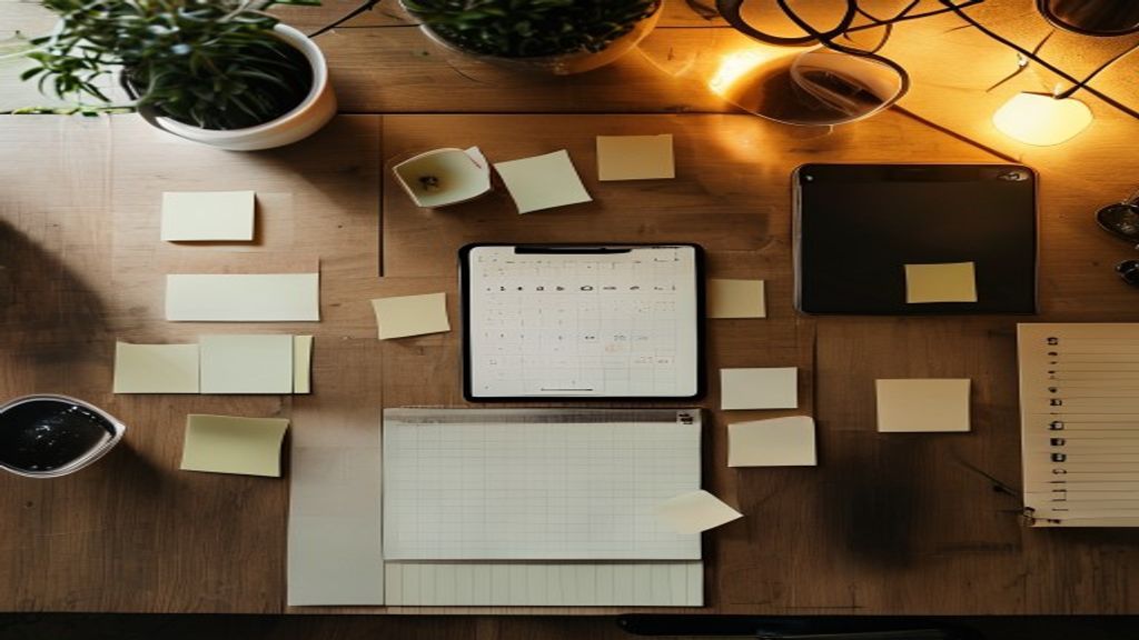 [本文IMAGE_3] organized desk with sticky notes and planner, smartphone showing productivity app, coffee cup steam rising, 