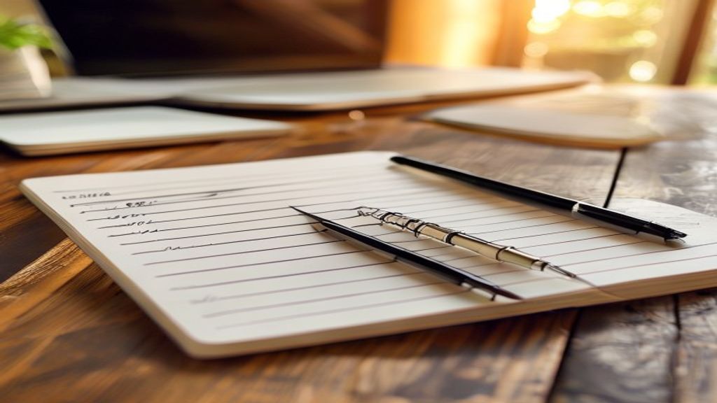 [本文IMAGE_4] notebook with handwritten checklist and checkmarks, pen resting on paper, laptop in background slightly blur