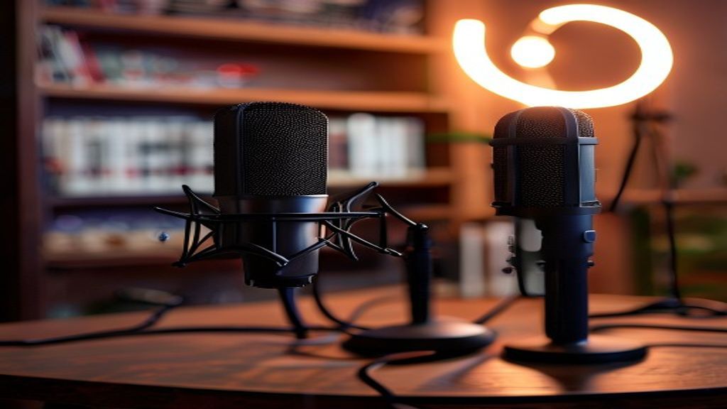 [本文IMAGE_3] microphone and pop filter setup on desk with ring light reflection, blurred bookshelf background, japanese h