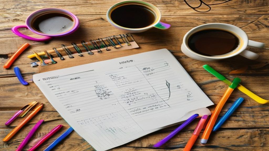 [本文IMAGE_2] notebook with handwritten keyword research notes and colorful highlighters, coffee cup beside, wooden desk s