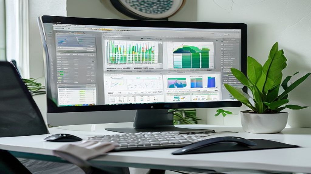 [本文IMAGE_3] computer monitor displaying analytics dashboard with charts and graphs, keyboard and mouse on white desk, gr
