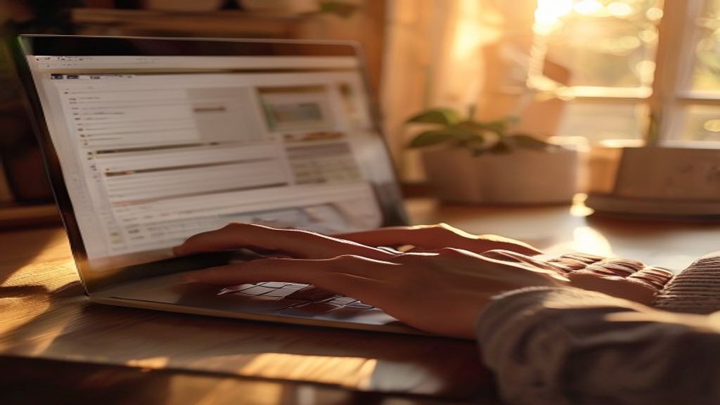 [本文IMAGE_4] person's hands typing on laptop keyboard, search console interface visible on screen, cozy japanese home off