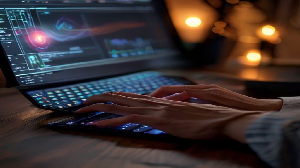 [本文IMAGE_2] hands typing on keyboard with AI interface glowing on screen, japanese style desk setup, soft ambient lighti