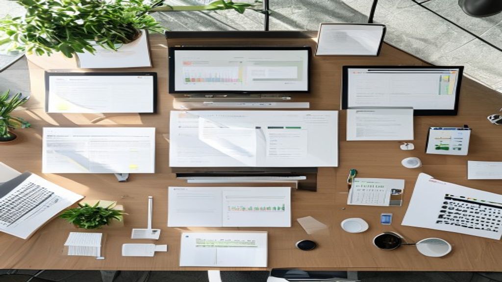 [本文IMAGE_3] multiple presentation slides fanned out on desk with editing tools nearby, bright modern office environment,