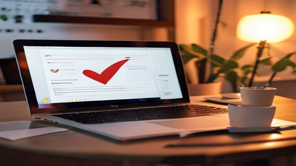 [本文IMAGE_4] completed presentation document next to laptop with success checkmark icon on screen, celebratory warm light