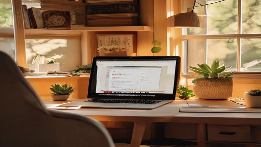 [本文IMAGE_3] cozy japanese home office corner with laptop displaying blog post editor, small succulent plant on desk, war