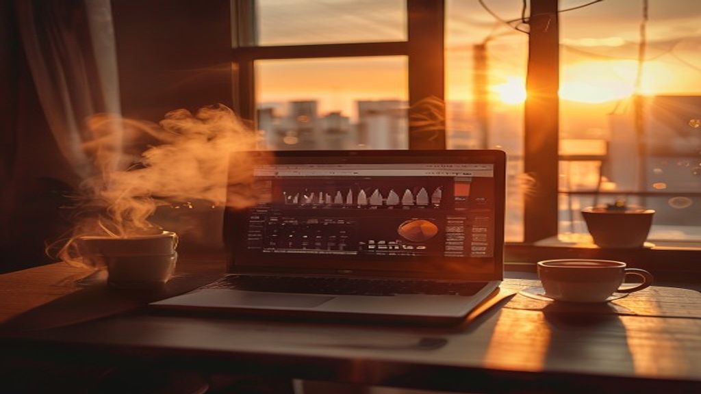 [本文IMAGE_4] laptop on desk with analytics dashboard visible, coffee cup steam rising, sunset light through window, japan