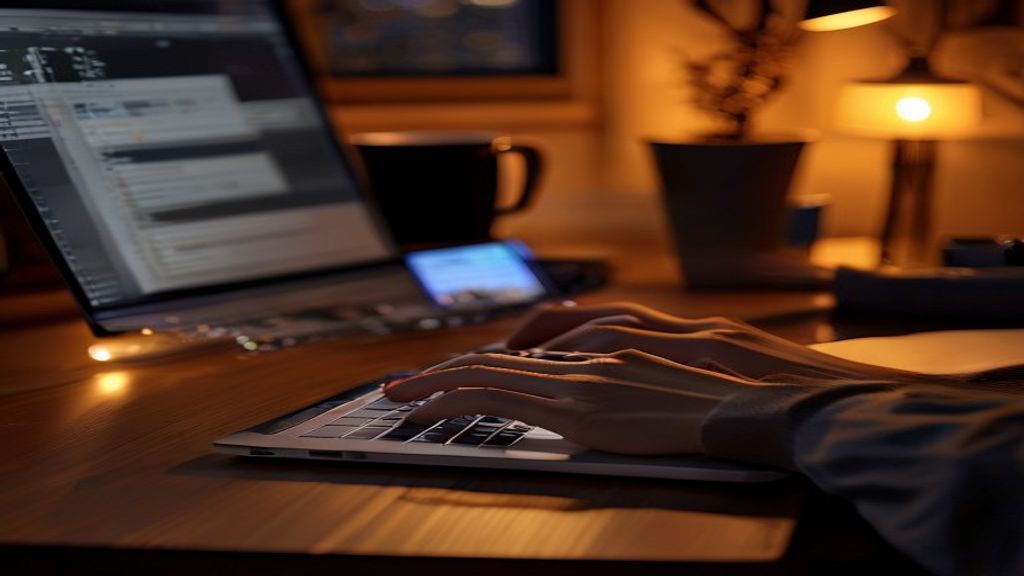 [本文IMAGE_3] hands typing on laptop keyboard at night, desk with coffee cup and wireless mouse, warm ambient lighting, ja