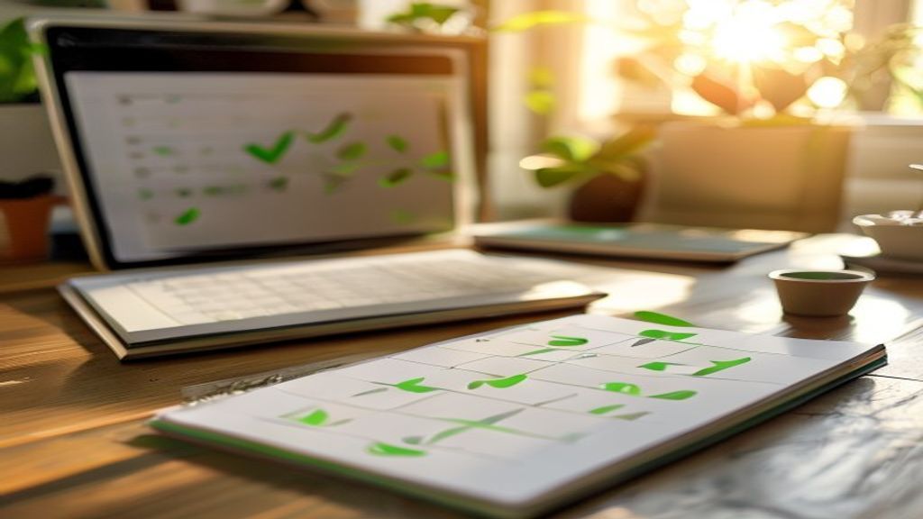 [本文IMAGE_4] calendar and planner on desk with green checkmarks, laptop in background, morning sunlight, achievement and 
