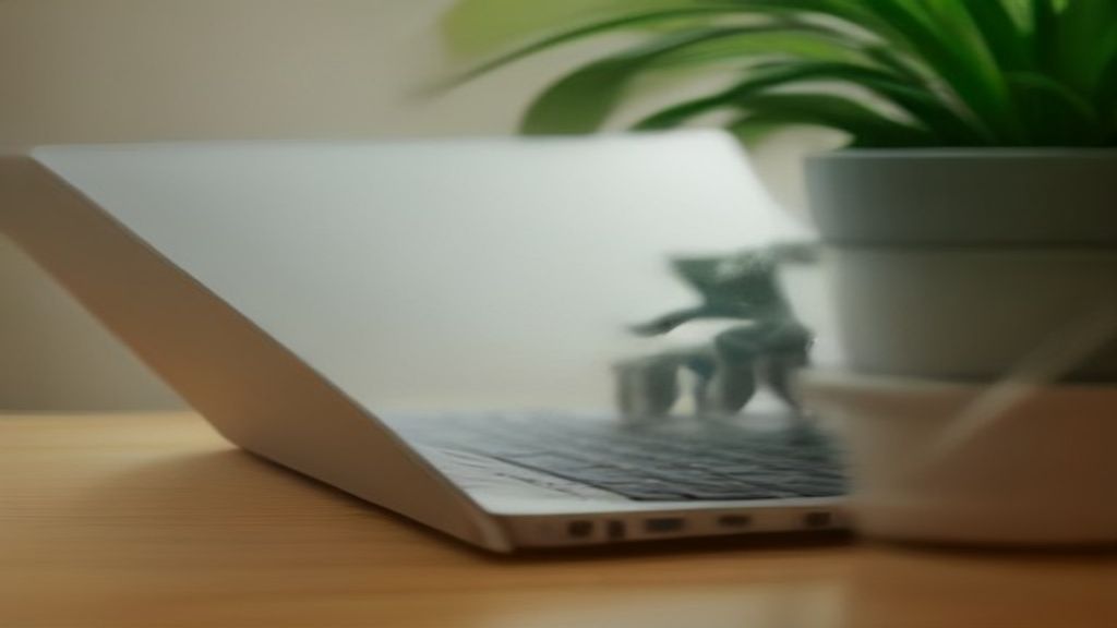 [本文IMAGE_2] close-up of hands typing on laptop keyboard, cozy japanese workspace with plants, soft natural lighting, foc