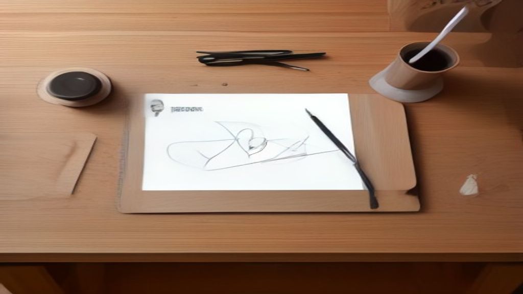 [本文IMAGE_3] flat lay of digital content creation tools on wooden desk, tablet with stylus, wireless mouse, notebook with