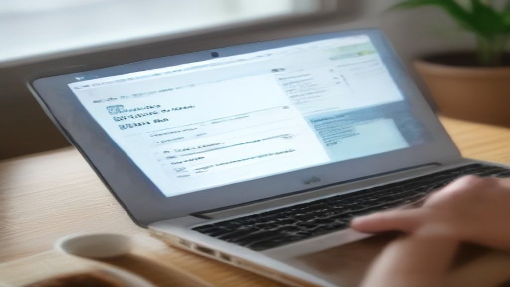 [本文IMAGE_3] close up of laptop screen showing japanese tax filing website, hands typing on keyboard, coffee cup beside, 
