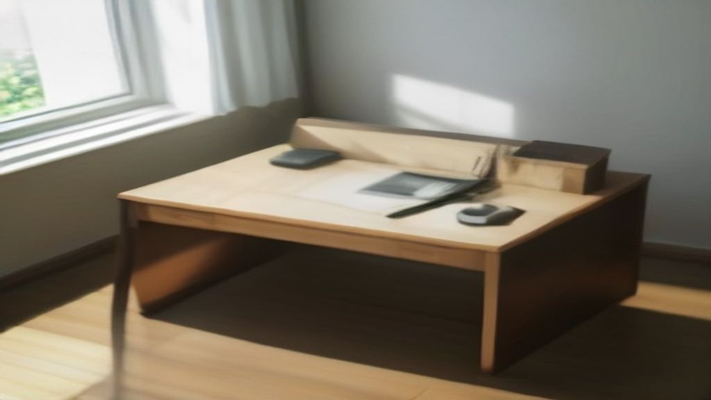 [本文IMAGE_4] japanese home office desk with completed documents, stamp and pen, sense of accomplishment, warm afternoon s