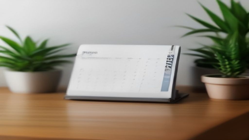 [本文IMAGE_4] calendar planner with checkmarks and goal milestones, small succulent plant, modern japanese desk setup, mot
