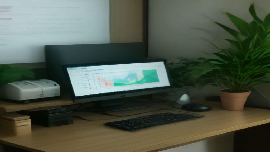 [本文IMAGE_4] organized desk setup with multiple monitors showing data charts, wireless mouse and keyboard, green plant in