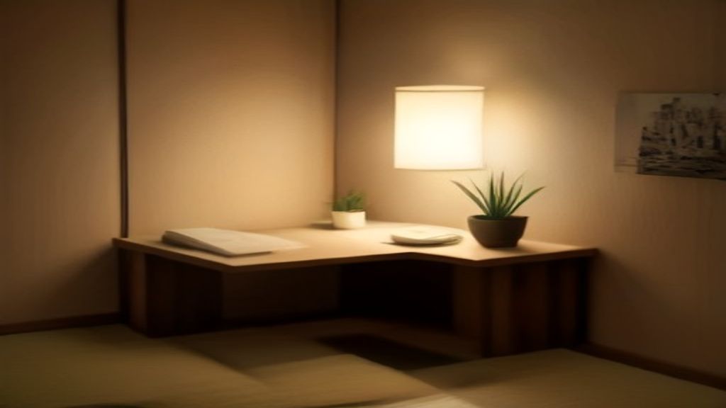 [本文IMAGE_4] cozy japanese home office corner with laptop closed, successful project completion mood, plant and warm lamp
