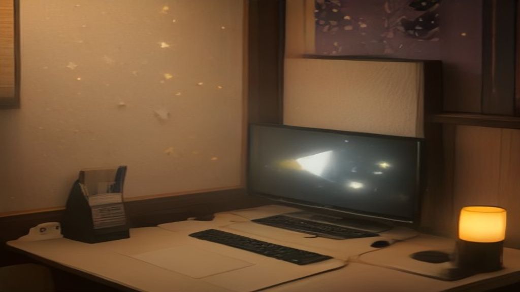 [本文IMAGE_4] cozy japanese home office corner with desktop computer showing success notification, small celebration eleme
