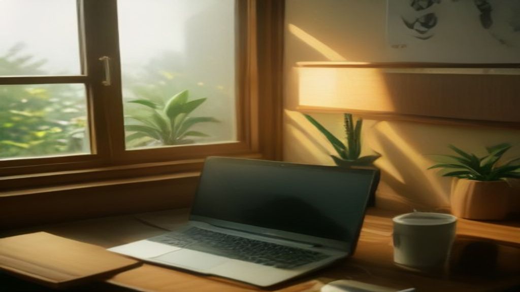 [本文IMAGE_4] cozy japanese home office corner with laptop showing analytics dashboard, small succulent plant, motivationa