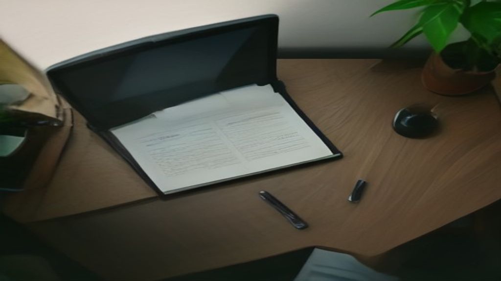 [本文IMAGE_4] overhead view of organized workspace with laptop showing checkmark completion screen, notebook with handwrit