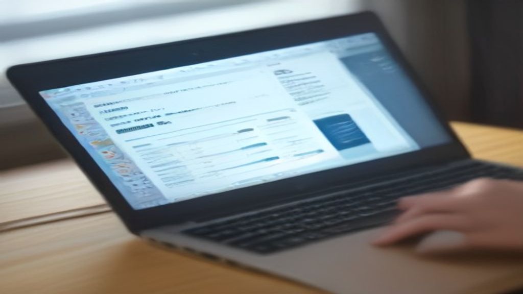 [本文IMAGE_2] close-up of hands typing on laptop keyboard with accounting software interface visible on screen, japanese h