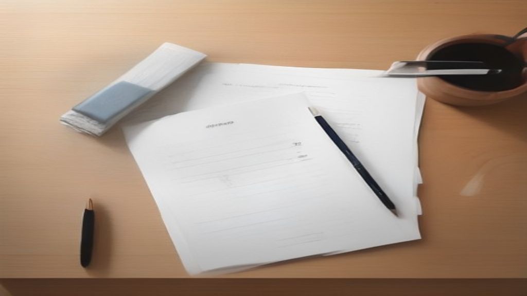 [本文IMAGE_3] organized desk with neatly arranged receipts, invoice documents, notebook and pen, japanese minimalist aesth