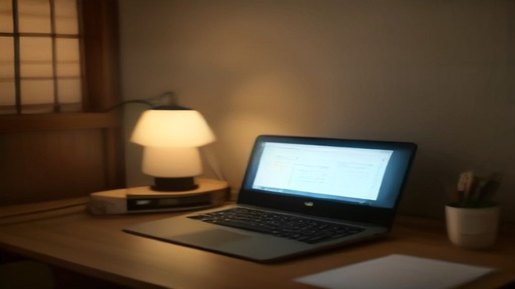 [本文IMAGE_4] cozy japanese home workspace with completed tax documents, laptop showing success checkmark, small plant and