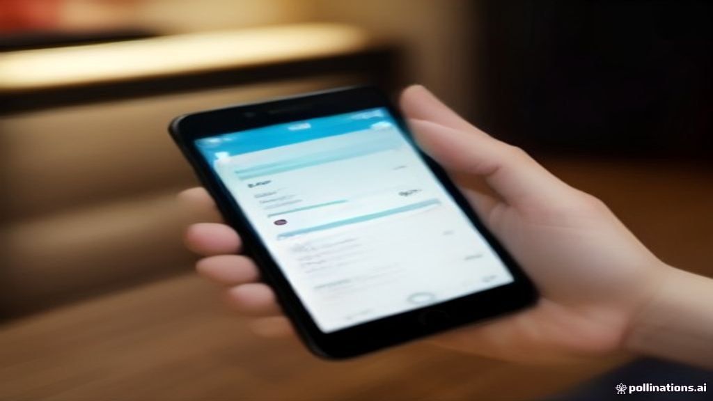 [本文IMAGE_4] person's hands holding smartphone showing banking app, modern japanese apartment background blurred, evening