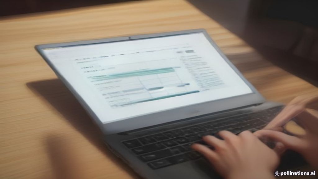 [本文IMAGE_2] close up of hands typing on laptop keyboard with spreadsheet on screen, japanese minimalist desk setup, soft