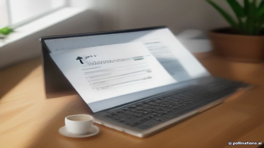 [本文IMAGE_4] laptop screen showing completed document checklist, coffee cup beside keyboard, clean organized desk, achiev